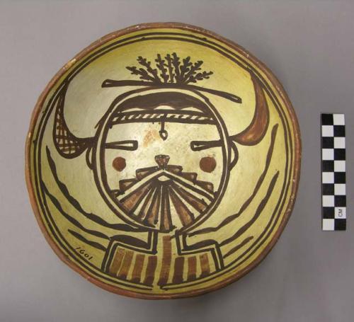 Bowl, polacca polychrome style c. int: kachina design; ext: slipped, no design.