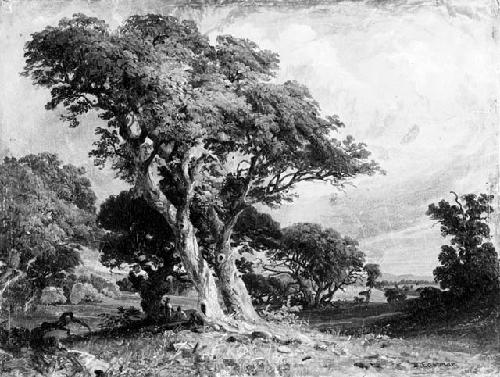 Oil painting, "Live Oaks, with two figures" by Seth Eastman