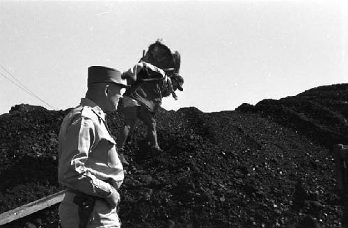 Portrait of man looking at dirt pile, Worker in background trotting up pile