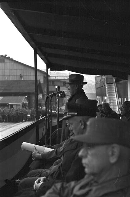 President Syngman Rhee addressing crowd of officials at Pusan Harbor