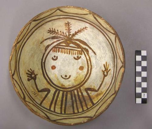 Bowl, polacca polychrome style c. int: clown design; ext: slipped, no design. 8.