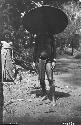 Man wearing large decorated hat standing on road