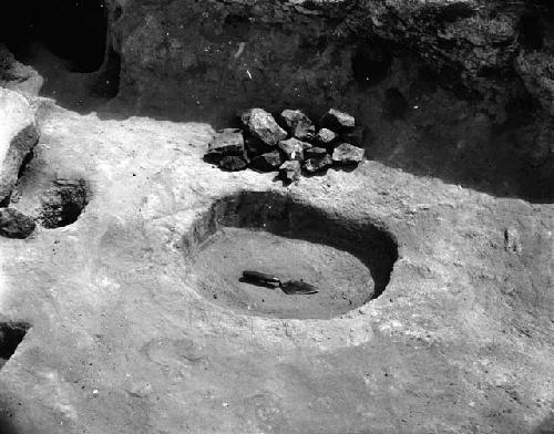 Pit house 103, "oven" in southeast corner with stones