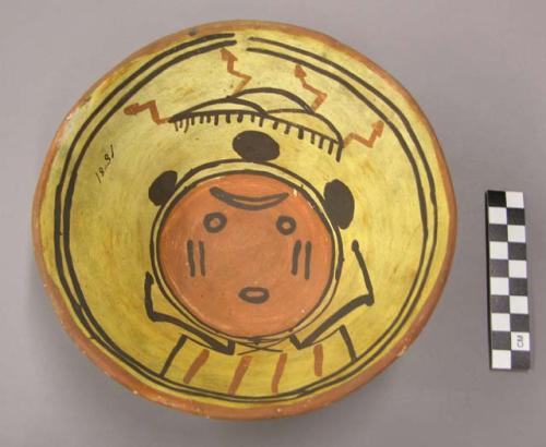 Bowl, polacca polychrome style c. int: clown design; ext: slipped, no design. 8.