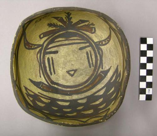 Bowl, polacca polychrome style c. int: kachina design; ext: linear design. 7.5 x