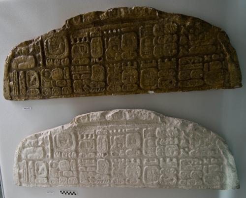 Cast of part of Stela 11,Seibal; top, glyphs, (shellac)