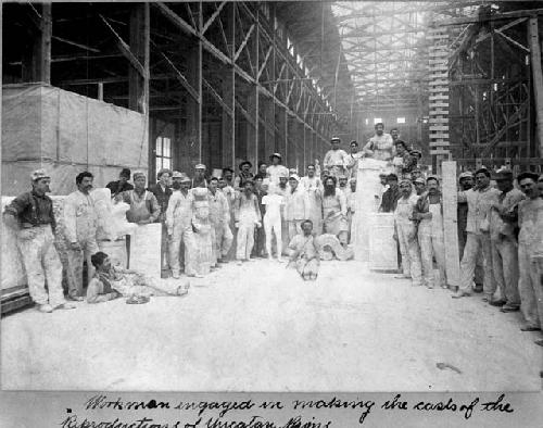 Workmen engaged in making casts of the reproductions of Yucatan ruins, World's Columbian Exposition of 1893