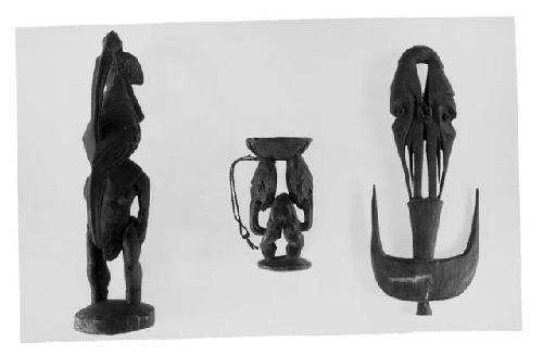 Betel nut mortar, wooden ancestral figure, and wooden hanger