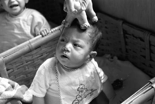 Baby in basket with toy elephant on head