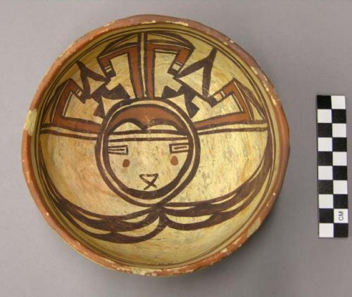 Bowl, polacca polychrome style c. int: kachina design; ext: slipped, no design.