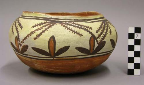 Bowl, polacca polychrome style c. int: slipped, no design; ext: plant design. 10