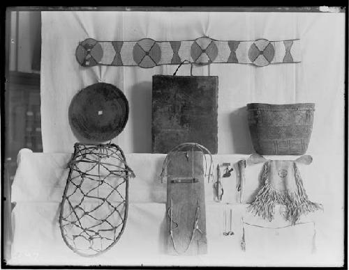 Baskets, blanket and sash, drum and carrier