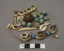 Beads, shell, seed & glass beads, round, w/ tooth ornament, cotton string.