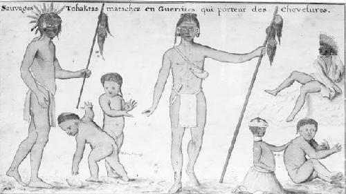 Drawing, "Choctaw savages painted as warriors, carrying scalps" by A. De Batz