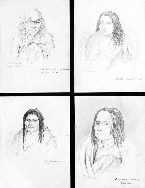 4 drawings of Indians at Vancouver Island and Fort Colville by E. De Giradin
