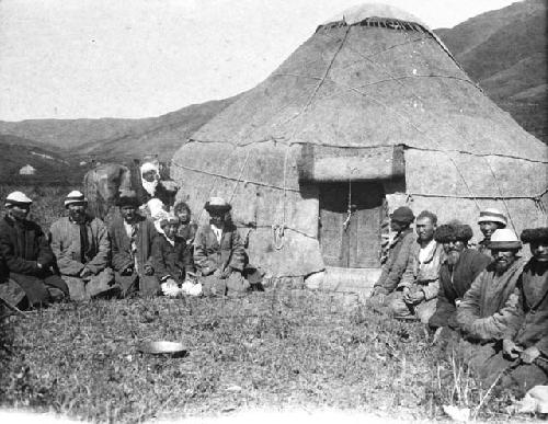 Group in front of chief's yurt, Alban Kazaks