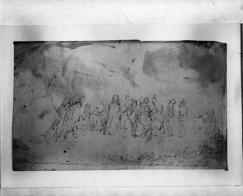 Group with two wigwams, pencil sketch by Seth Eastman