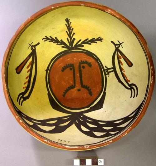 Bowl, polacca polychrome style c. int: clown design; ext: slipped, no design. 10