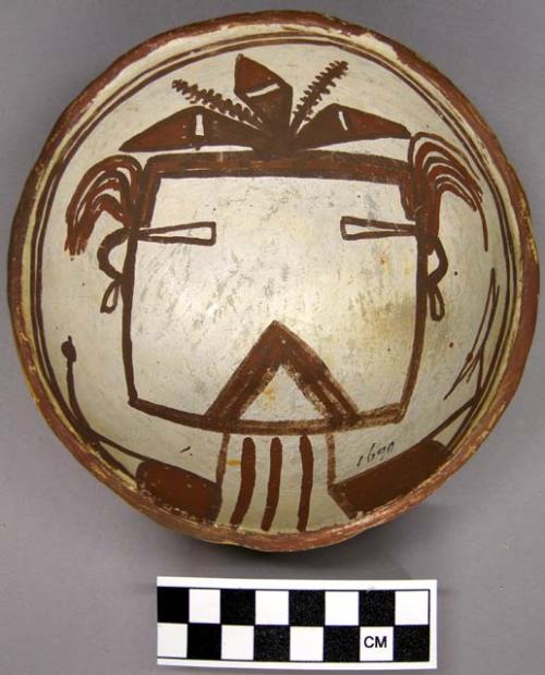 Bowl, polacca polychrome style c. int: kachina design; ext: slipped, no design.