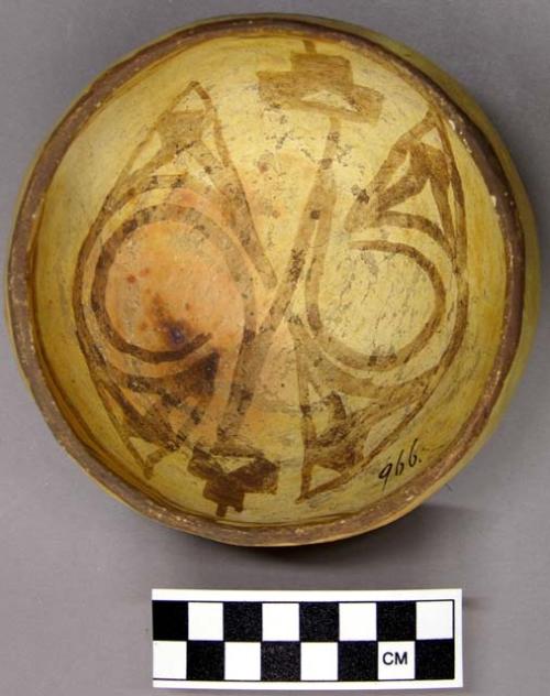 Bowl, polacca polychrome style c. int: zuni rain bird design; ext: slipped, no d