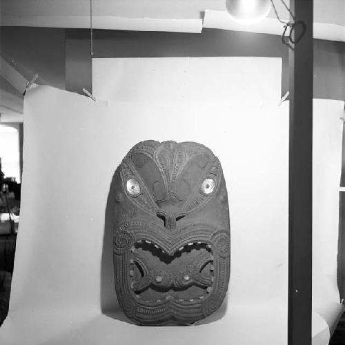 Large carved wooden head  used at top of entrance of the meetinghouse