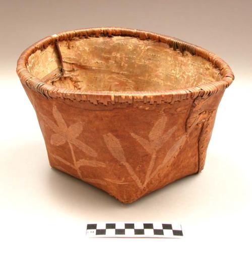 Bark basket with floral design, misshapen