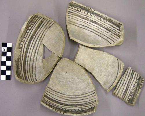 Partially restored sherds from black on white bowl with interior bands