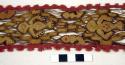 Organic, woven sash fragment, open weave, gold, brown, and red