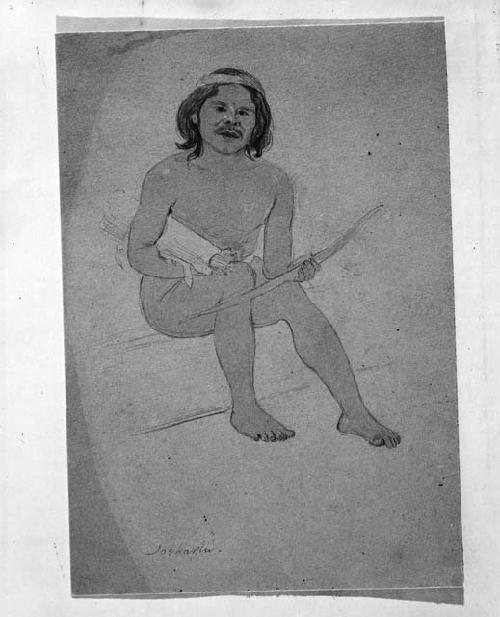 Pencil wash sketch of young man holding bow and arrows.  "Jasharlu"