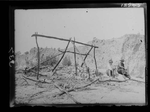 Remaining posts of burnt stalk; Constructed hut