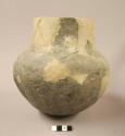 Ceramic partial vessel jar, rounded base and body, straight neck, reconstructed