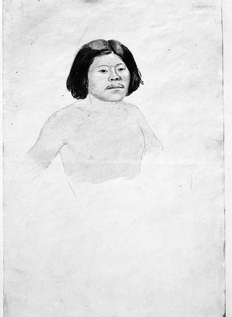 Pencil ink wash drawing of young man, Miwok or Yurok