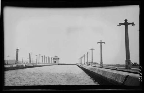 View of water and platforms along Panama Canal