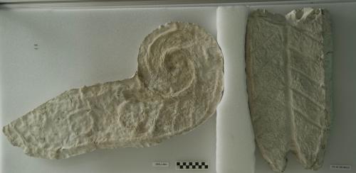 Cast, architectural fragment, Structure 1, East Wing, corner mask, ear scroll