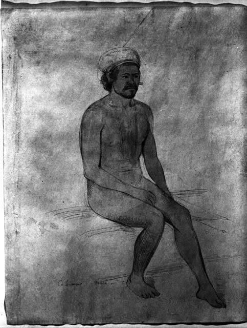 Pencil wash sketch of man sitting. "Co-Te-Mooc Sa-O-La OR"