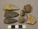 Chipped stone projectile points (3), ceramic sherds (2) & ceramic balls (2)