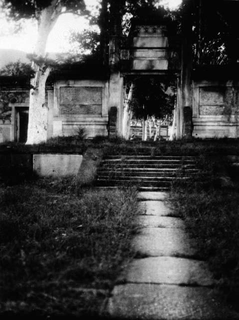 Steps leading to pailou set in trees