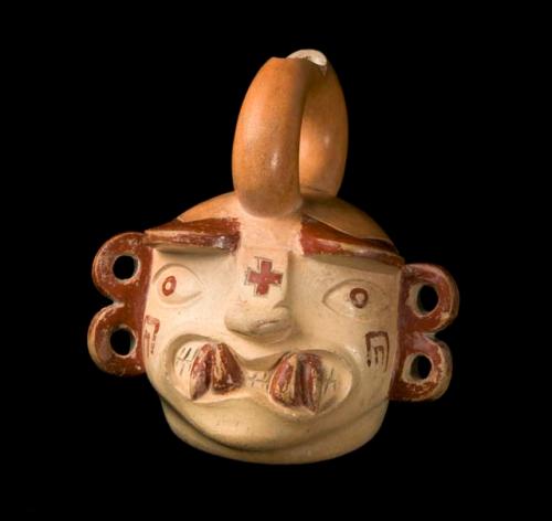 Stirrup-spout bottle in form of semi-human head and face