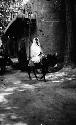 Woman in white shawl riding donkey