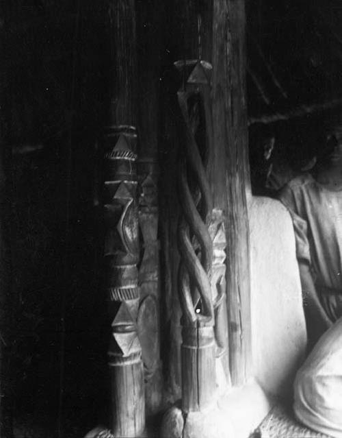 Interior of Palaver house showing carved posts