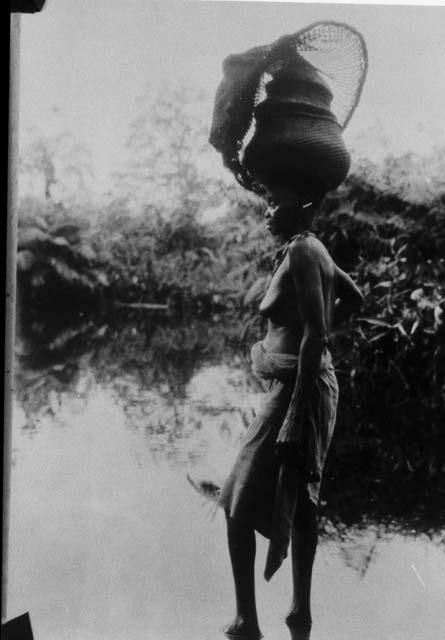 Woman carrying basket and dip net for fishing on her head