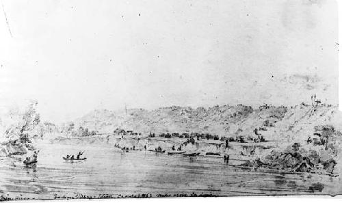 Pencil sketch of Mississippi River Indian village, Little Crow's by Seth Eastman