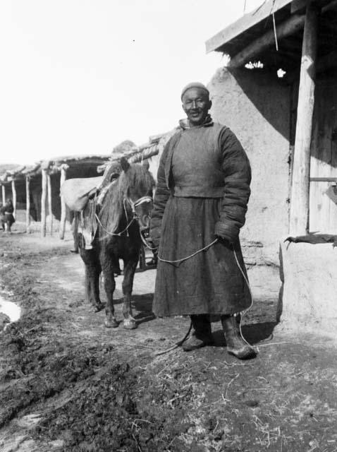 Older man standing next to loaded pony in street