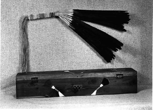 Painted cedar box and magpie feather fan used in Peyote ceremony
