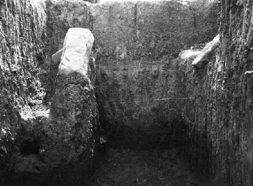 Excavation of East bank, showing stone columns