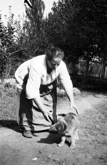 Tricerri family, woman reaching for dog