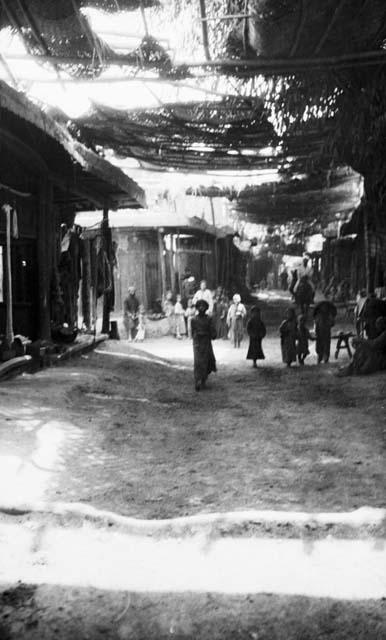 Turfan street with overhead awning transcript, covered street, with building