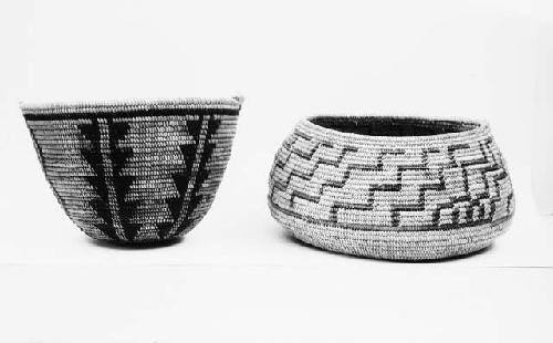 Decorated, woven bowl and pot shaped baskets