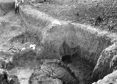 Excavation 1-31; Grave 1E. Excavation site showing tools, taken from top of clay