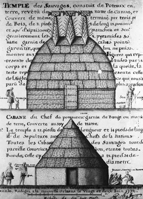 Pen and ink drawing. Temple Des Sauvages - Cabane Du Chef. By A. De Batz